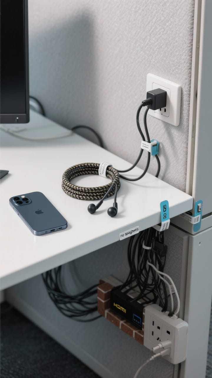 Photorealistic closeup detail of cable management along a cubicle desk edge: adhesive cable clips neatly holding a phone charger and earbuds, a braided cable sleeve bundling monitor and power leads, and an under-desk raceway concealing a power strip and bricks. Visible micro-labels on both ends of each cable (USB-C, HDMI, Power). Include a right-angle adapter flattening a plug against a wall outlet. Cool, even office lighting, shallow depth of field highlighting the tidy “no spaghetti” look, low side angle.
