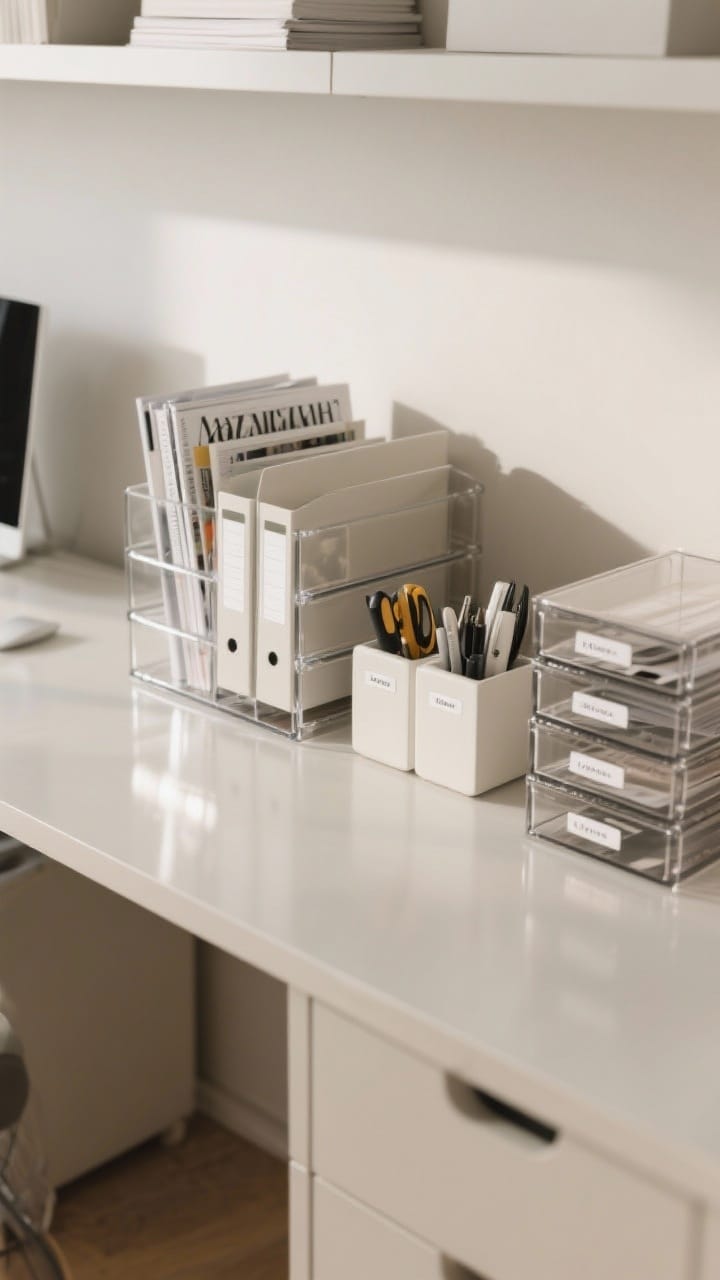 Photorealistic closeup detail of clutter corralled with pretty storage: matching magazine files hiding paperwork, a tiered desk organizer with daily tools, and stackable boxes or acrylic drawers. Minimal, clean labels on each container. Items arranged on a tidy shelf or desktop, with negative space to reduce visual noise. Neutral color palette with coordinated tones, soft office lighting with gentle reflections on acrylic. Overhead or three-quarter top-down shot for clarity.