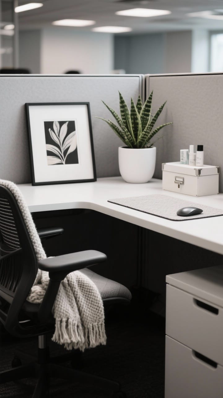 Photorealistic closeup detail of intentional personalization on a cubicle desktop: one hero piece—a small framed art print—next to a single low-maintenance plant (ZZ in a matte white pot), and one texture—a soft fabric mousepad or a knit throw draped over the chair edge. Keep palette to black and white plus a single accent color for cohesion. Closed storage box nearby conceals personal care items. Soft, warm office light for a cozy yet professional vibe, shallow depth of field to emphasize textures.