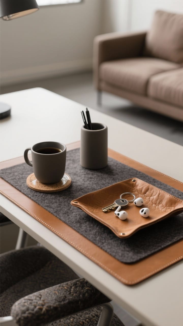 Photorealistic closeup detail shot of a desk styled like a mini living room: a warm tan leather or charcoal felt desk mat, a matte ceramic mug used as a pen holder, and a soft cloth or pebbled leather catch-all tray holding keys and earbuds. Add a single pretty coaster under a glass to prevent coffee rings. Limited to three or four styled items, showcasing layered textures. Soft, diffused office lighting, shallow depth of field highlighting material richness, shot from a slight corner angle.