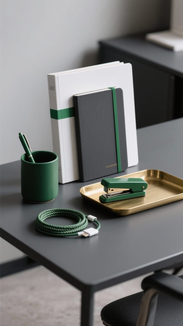 Photorealistic closeup of a modern office desk vignette showing a cohesive two- to three-color palette: base color charcoal, accent forest green, metallic brass. Include a charcoal notebook, forest green pen cup, matching stapler, braided charging cable, and a brass tray. Add subtle removable washi tape stripes in forest green along a white binder spine. Soft, cool-toned lighting for a calm, focused mood, straight-on detail shot.