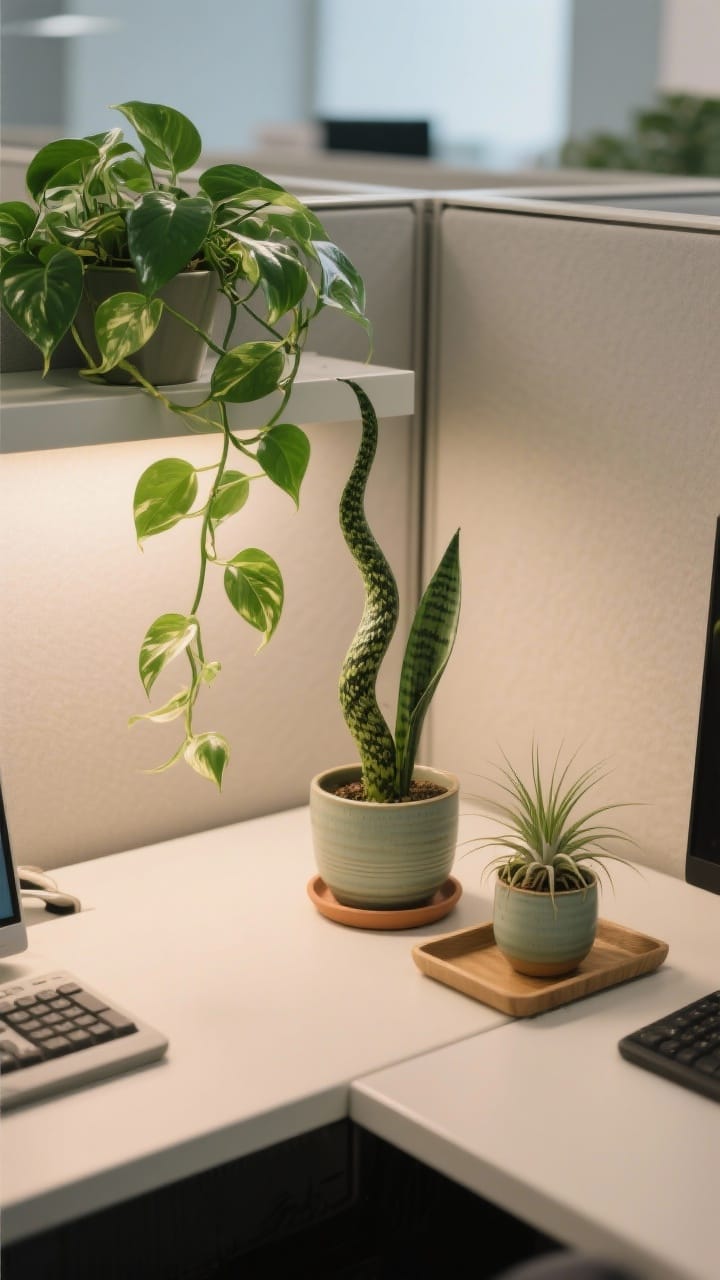 Photorealistic closeup of greenery in a cubicle: a healthy pothos trailing from a shelf, a sculptural snake plant standing vertically, and a tiny air plant perched on a tray. Place them in ceramic pots coordinated with the cubicle’s palette, with a matching saucer under one pot to protect the keyboard area. Soft natural or warm task lighting, crisp focus on leaves’ texture and sheen, neutral office backdrop blurred. Overhead-angled detail shot.