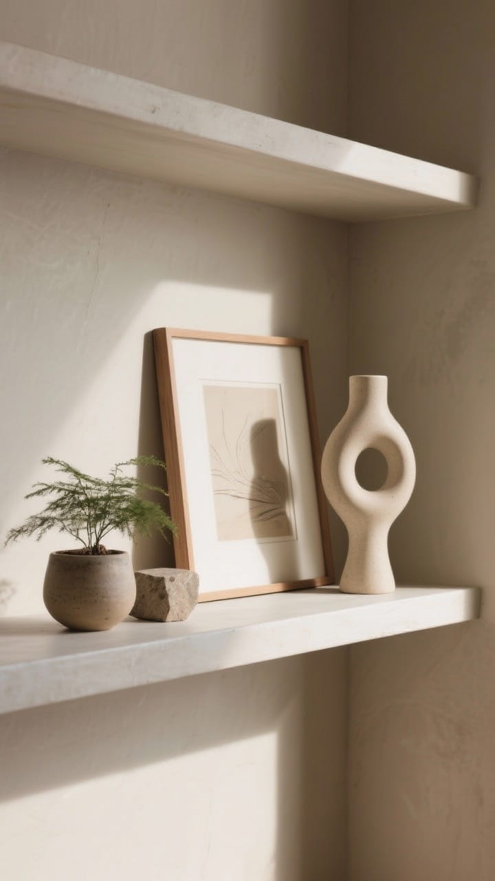 Photorealistic closeup vignette of a mood shelf/nook: the rule of three showcased—one organic element (small plant in a ceramic pot, or a smooth wood/stone piece), one vertical element (a framed print leaned upright or a tall object), and one conversation piece (a tasteful, quirky sculptural object). Elements arranged with breathing room on a shelf corner. Seasonal-agnostic, harmonious colors, soft directional light creating gentle shadows. Tight, detail-focused composition from a side angle.