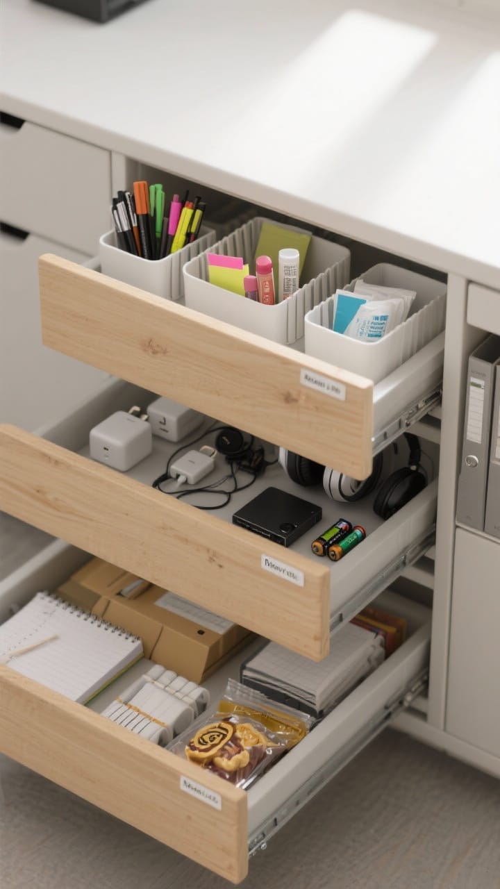 Photorealistic drawer-open medium closeup showing the 3-drawer method: top drawer with adjustable dividers organizing pens, highlighters, sticky notes, lip balm, sanitizing wipes; middle drawer with chargers, adapters, headphones, external drive, spare batteries; bottom drawer with backup supplies—note pads, file folders, and neatly packaged snacks. Include a slim file organizer to one side for active projects. Micro-labels applied on the inside drawer lips for a clean exterior. Neutral materials—light wood drawers, matte white bins—soft overhead office light.