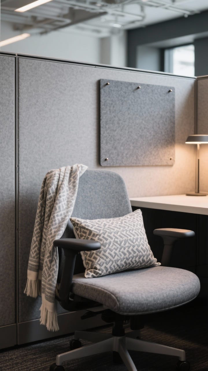 Photorealistic medium shot highlighting textiles adding softness: a small patterned lumbar pillow on an office chair, a draped lightweight scarf over the chair back, and a gray felt pinboard on the cubicle wall. Fabrics are washable and harmonize with the chosen color scheme; repeat the same fabric on the pillow and pinboard for cohesion. Subtle texture on textiles, warm ambient lighting from a nearby lamp, industrial surfaces softened by fabric. Slight corner angle to show depth.