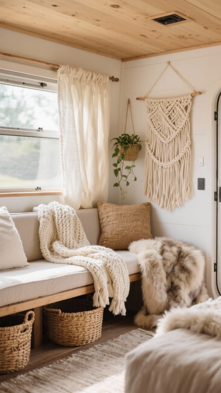 Photorealistic medium shot inside a camper lounge showcasing layered textures: cream cotton and linen curtains, chunky knit throw draped over a bench seat, macramé wall hanging with a small trailing plant, jute and rattan baskets tucked under seating, and a sherpa/faux-fur throw on the corner; use a palette of soft neutrals and repeat 3–4 materials throughout; warm, natural daylight filtering in, straight-on angle to emphasize the cohesive layering without clutter.
