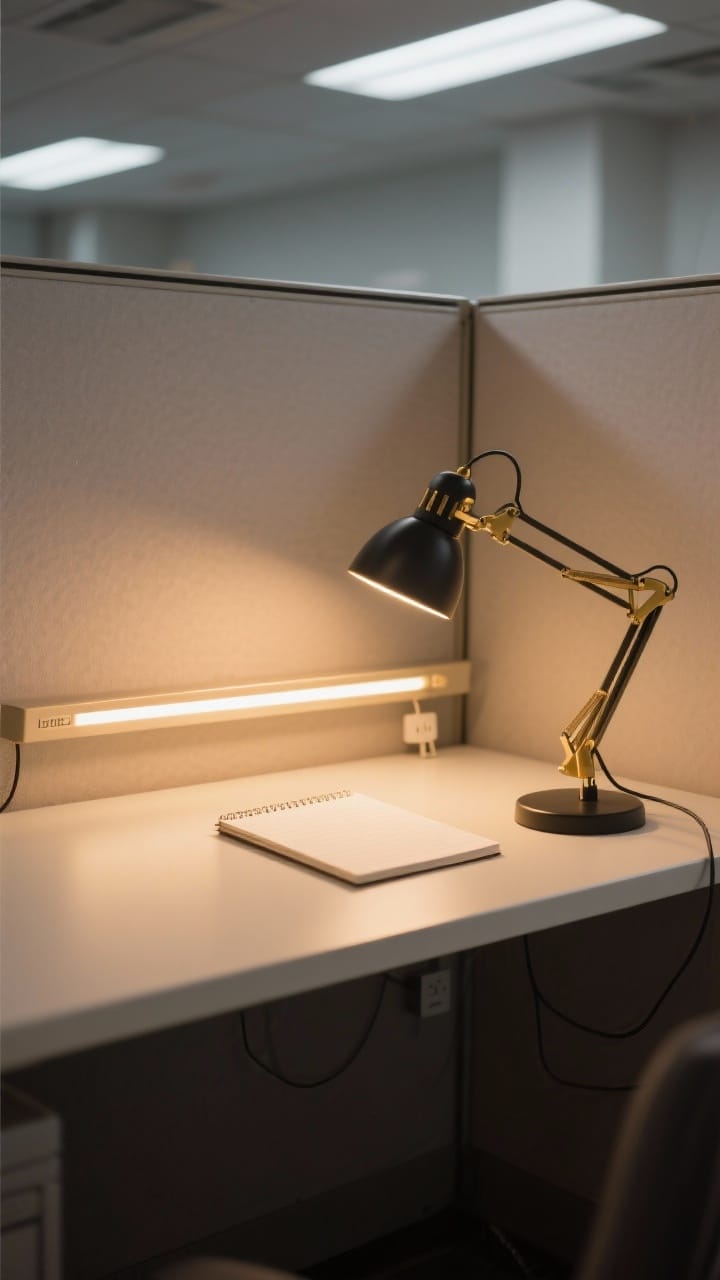 Photorealistic medium shot of a cubicle corner focused on upgraded lighting: a small brass or matte black task lamp or clip-on LED with warm 2700–3000K glow washing the desk surface. Adjustable arm positioned over a notepad, low-profile under-shelf light bar visible if space is tight. UL-listed plug-in cable neatly routed, brightness equivalent under 40W. Warm light countering cool overhead fluorescents, subtle shadows creating a cozy, eye-friendly atmosphere. Straight-on composition.