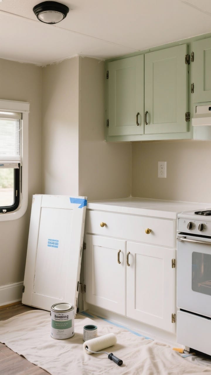 Photorealistic medium shot of a freshly painted camper kitchenette: soft white cabinet fronts with matte finish, warm greige walls, pale sage upper cabinet doors, matte eggshell ceiling, black spray-painted pulls and hinges, and a few brass knobs mixed in; include a labeled blue painter’s tape tag on the back of a removed cabinet door leaning nearby; subtle natural light bouncing to make the tiny space feel bigger; show a bonding primer can, a small sample pot for an accent color, and a small foam roller on a drop cloth.