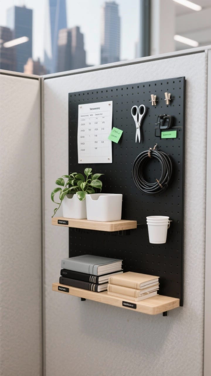 Photorealistic medium shot of a modern cubicle wall transformed into vertical storage: matte black magnetic board with pinned weekly priorities and a small reference chart, two light wood floating shelves (command-mounted) holding matching white bins, a tiny pothos plant, and stacked notebooks, plus a black metal pegboard grid with hanging scissors, coiled cables, and small labeled clip-on cups. Keep frequently used items at eye level, decorative items higher. Clean labels on shelf lips, cohesive monochrome palette with a pop of green, soft neutral office lighting, straight-on perspective emphasizing the Manhattan skyline verticality.
