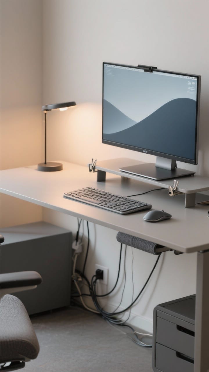 Photorealistic medium shot of a personalized tech setup: a sleek laptop on a minimalist stand, coordinated matte-finish keyboard and mouse matching the desk palette, and disciplined cable management using clips and a fabric sleeve leading to a cable box under the desk. Desktop wallpaper on the monitor echoes the color scheme. Clean surfaces, ergonomic layout, warm task lamp glow balancing ambient office light. Straight-on or slight corner angle emphasizing symmetry and order.