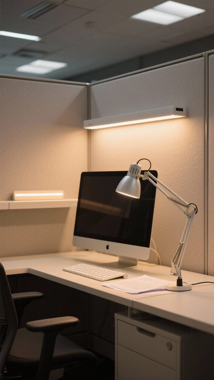 Photorealistic medium shot of an illuminated cubicle setup focused on lighting: a sleek task lamp with an adjustable neck casting warm-white light (3000–3500K) onto the keyboard and documents, a slim screen light bar atop the monitor, and a subtle LED strip under a floating shelf creating a soft glow. Position the lamp on the non-dominant side, anti-glare filter visible on the monitor. Neutral, modern materials with warm highlights, corner angle showing layered light sources without harsh overhead glare.