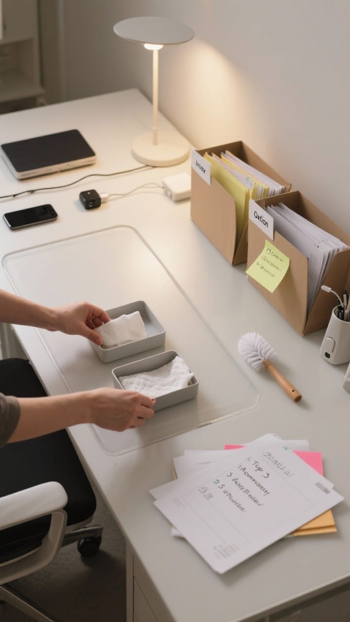 Photorealistic overhead flat-lay of a 5-minute daily reset in action: clear desktop surface with zones re-tidied, stray items being placed back into a tray, papers sorted into labeled Inbox, Action, and Outbox folders, a wipe and mini duster set to the side, a sticky note listing tomorrow’s top 3 tasks, devices connected to chargers, and a dimmable lamp set lower. Minimalist aesthetic, neutral palette with small accent color on the sticky note, crisp office lighting turning slightly softer to signal end-of-day.
