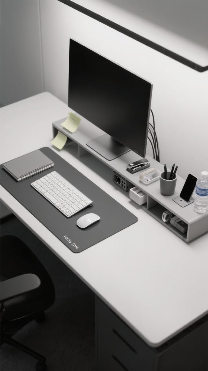 Photorealistic overhead shot of a two-zone desktop: on the left, a calm Focus Zone with a slim charcoal desk mat, centered keyboard and mouse, and a single open notebook; on the right, a Utility Zone corralled on a shallow tray holding a matte pen cup with only two pens, a minimalist phone stand, compact stapler, clear tape dispenser, and a water bottle. Include a simple monitor on a riser with sticky notes and a small hub stowed beneath. Neutral black-and-white palette with one subtle color accent, clean corporate lighting, tidy cables tucked out of frame.