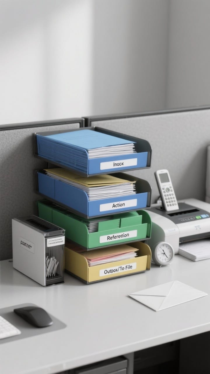 Photorealistic straight-on medium shot of a paper management station on a desk: tiered trays labeled Inbox, Action, Reference, and Outbox/To File, each holding thin, clearly sorted stacks. Include color-coded folders (blue for clients, green for budgets, other subtle hues) and a small shredder bin or labeled confidential envelope nearby. A compact scanner or phone stand suggests scanning. A discreet timer or phone indicates a 10-minute “paper reset.” Balanced office lighting, minimal clutter, cohesive monochrome with pops of folder color.