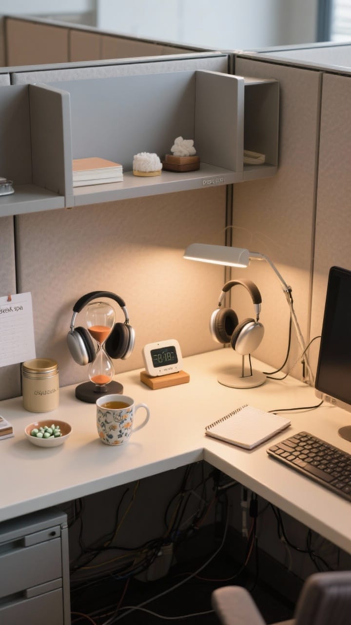 Photorealistic wide shot of a cubicle organized into micro-zones: work zone with keyboard and notepad kept within arm’s reach; focus zone featuring noise-canceling headphones on a stand and a sand timer or small digital pomodoro timer near the lamp; break zone with a pretty ceramic mug, small tea tins, and a tiny dish for mints creating “desk spa” vibes. Clear demarcation and tidiness, cables discreet. Warm, inviting lighting that aids mode-switching. Shot from a corner perspective to show all zones in one frame.