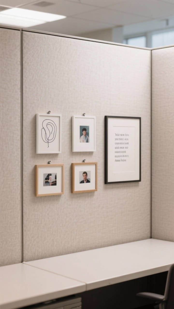 Photorealistic wide shot of a cubicle wall styled as a mini gallery: an intentional grid of small framed art prints (abstracts and line drawings), one to three personal photos in small frames, and a simple typography piece (non-cheesy). Frames mounted with command strips or magnetic frames on fabric wall panels. Clean alignment, select selection avoiding clutter. Neutral walls, soft even lighting, desk edge slightly visible at the bottom to provide context, straight-on elevation view.