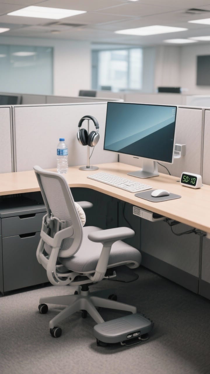 Photorealistic wide shot of an ergonomic cubicle optimized for comfort: monitor with the top third at eye level an arm’s length away, chair adjusted with feet flat, hips slightly above knees, lumbar pillow supporting lower back, keyboard and mouse positioned for 90-degree elbows with a slim wrist rest. Include a compact footrest under the desk, a water bottle within easy reach, and a small digital timer set for a 50/10 cycle. Optional desk diffuser and noise-canceling headphones resting on a stand. Balanced, glare-controlled lighting, clean professional palette.