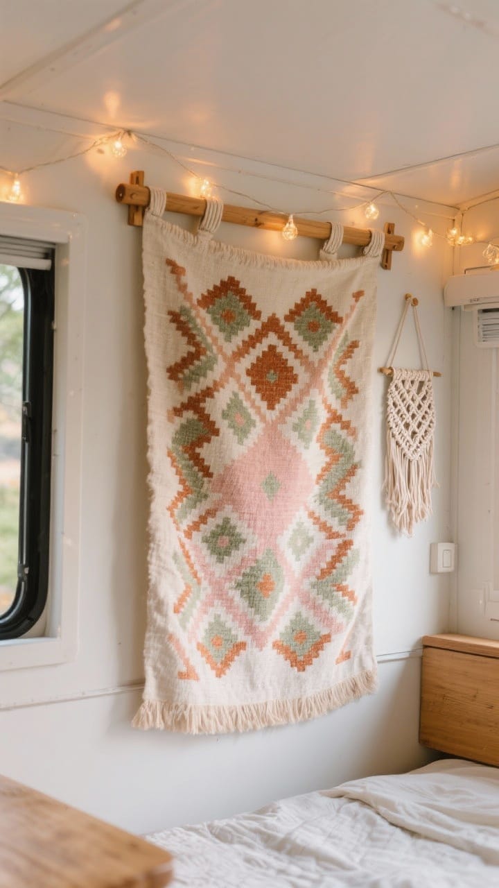 Straight-on medium shot of a camper wall transformed by a tapestry: a large lightweight textile with a pattern echoing terracotta, rust, sage, and blush hung on a wooden dowel with Command hooks, layered with a small macramé piece and warm string lights draped across the top; soft, diffused natural light to show fabric texture; bed or dinette edge visible to imply scale.