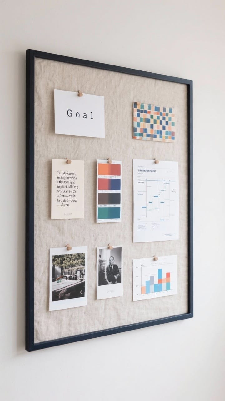 Straight-on medium shot of a cleverly curated inspiration board: a linen-covered pinboard framed in black metal displaying six to eight cohesive items—one goal card, a concise quote, a color swatch, a project timeline sheet, a photo, and a small chart—arranged with balanced spacing. Neutral palette with a pop of navy accent; tidy, motivating feel.