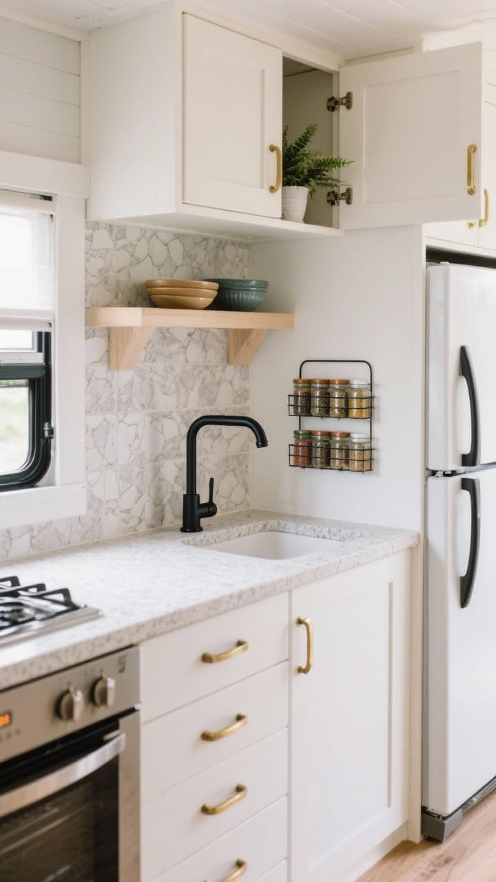 Straight-on medium shot of a refreshed camper kitchen: a matte black faucet over a contact-papered countertop in light faux stone, sleek brushed brass pulls on cabinet doors, an adhesive backsplash defining the cooking zone, and one upper cabinet removed and replaced by a lightweight open shelf styled with a couple of bowls and a plant; a magnetic spice rack on the side of the fridge; airy, bright daylight emphasizing light materials.