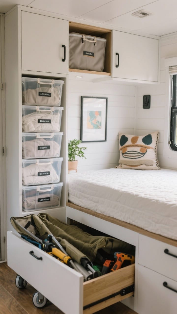 Straight-on medium shot of minimalist organization systems inside a camper: clear labeled bins in a cabinet, soft-sided collapsible bins for linens stacked neatly, under-bed drawers on wheels slightly pulled out holding bulky camp chairs and tools. Include a small art print, a single plant, and one quirky throw pillow for personality, with open negative space on nearby surfaces. Discreet Velcro and soft-close latches visible on cabinetry.