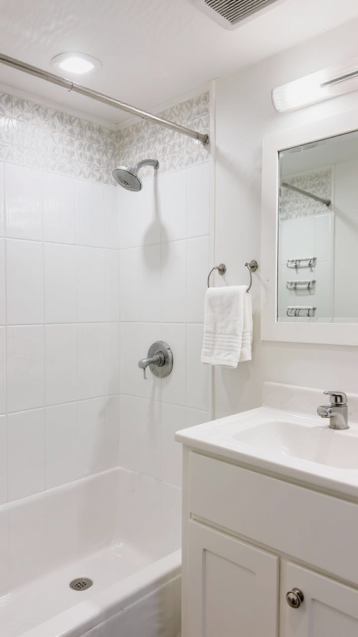 Tight bathroom detail shot: RV shower wall with vinyl wall panels meeting a waterproof wallpaper accent above the surround, crisp silicone caulk lines, a freshly painted vanity cabinet with a new knob and updated faucet, and an existing mirror framed with lightweight trim; include command hooks and an over-door organizer holding towels; soft, clean white lighting for a fresh, spa-like feel.