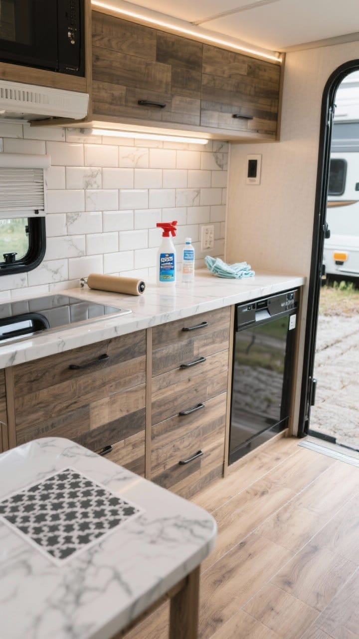 Wide-angle straight-on view of a camper galley featuring peel-and-stick upgrades: water-resistant vinyl plank flooring in light oak, a faux-marble peel-and-stick backsplash in subway tile pattern, and a countertop wrapped in high-quality faux butcher block vinyl; include a J-roller on the counter, a bottle of degreaser and isopropyl alcohol with cleaning cloths, and seams pressed flat toward the corner; balanced, bright task lighting to highlight clean edges; add a patterned decal sample resting on the table.
