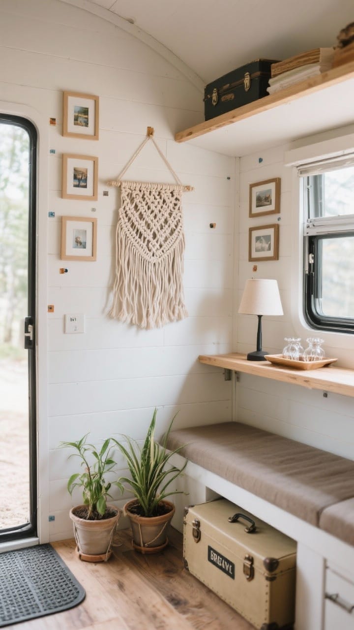 Wide corner-angle view of a camper wall styled for travel: a lightweight gallery wall of small frames secured with command strips, a small hanging rug/macramé adding texture, and two low-maintenance plants in secured planters; non-slip mats under a lamp and tray on the adjacent shelf; a labeled travel box for breakables tucked under the bench; balanced daylight for a curated, personal mood.