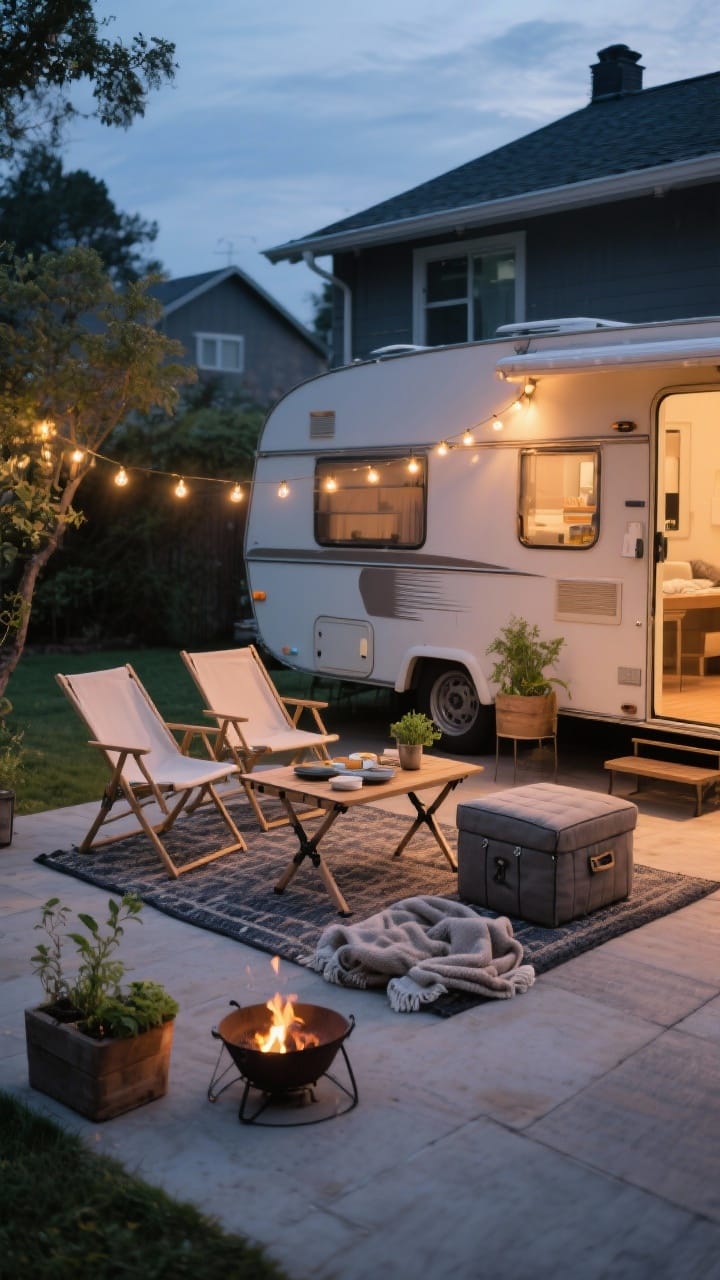 Wide exterior shot: A styled outdoor room beside a small camper—weatherproof rug, two comfy foldable chairs, warm string lights creating a soft evening glow, a compact folding table set for outdoor prep, and a storage ottoman doubling as seating. Add a small herb planter and a cozy blanket; optional collapsible fire pit nearby if allowed. Twilight ambiance, photorealistic, no people.