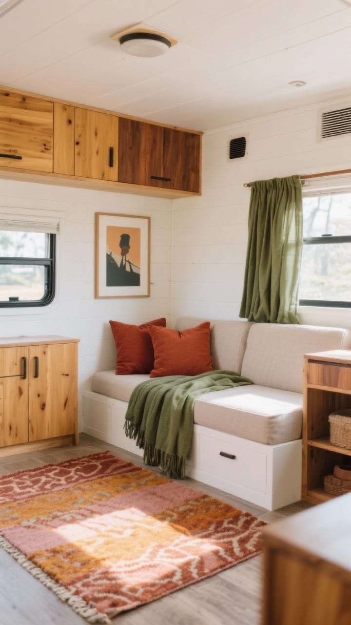 Wide interior shot of a camper styled with earthy neutrals and intentional pops: soft white/cream walls, warm honey-to-walnut wood cabinetry, a rust-colored pillow set, sage green curtains, and a muted patterned rug in terracotta, ochre, and blush; one hero print on the rug while other textiles echo its palette; sunlight streaming through, balanced exposure, corner angle that shows walls, seating, and floor.