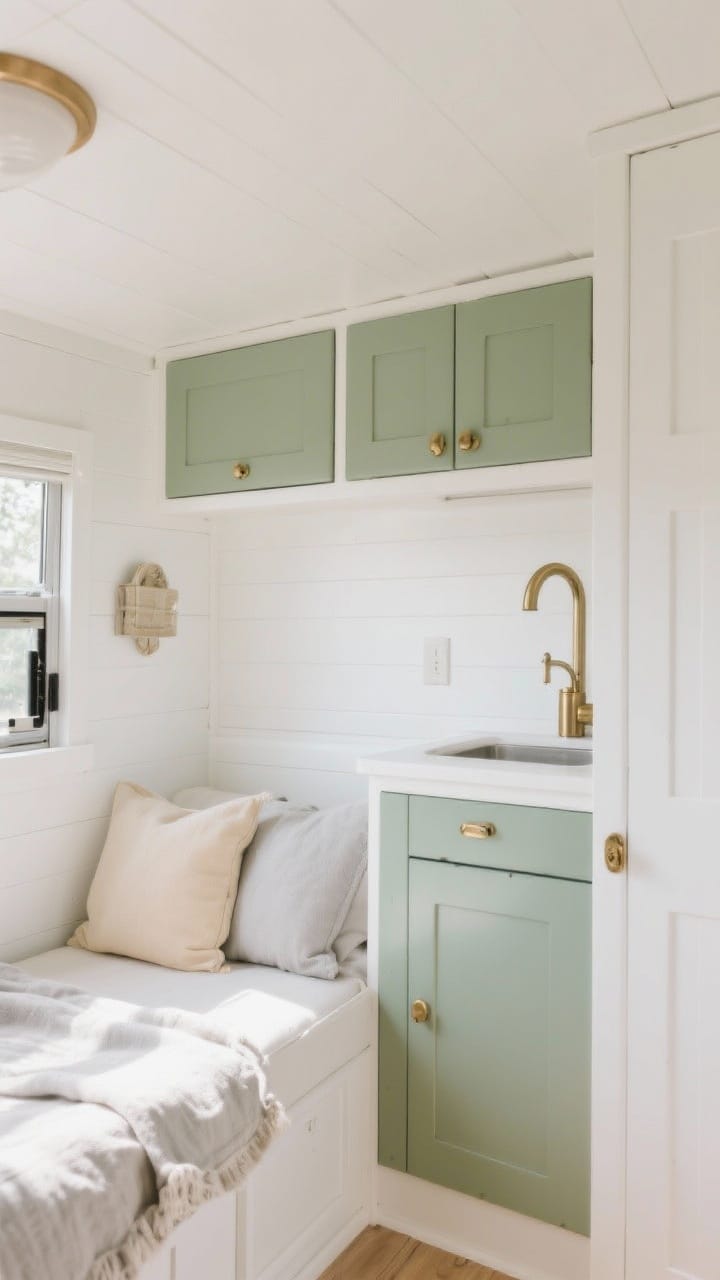 Wide interior shot of a tiny camper painted in light, neutral tones: soft white matte walls and a warm white ceiling, with contrasting sage green satin-finish cabinets and brushed brass hardware. Include a limited palette: main color soft white, accent sage, one metal finish brass. Add subtle accents in creamy beige and pale gray textiles. Natural daylight bounces around, showing a clean, airy feel. Smooth primered laminate surfaces, no people.