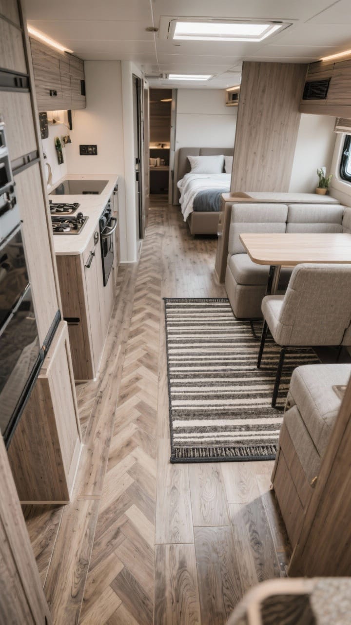 Wide overhead shot defining zones with floors and rugs: luxury vinyl plank flooring in a narrow plank or subtle herringbone pattern running lengthwise, a striped runner in the galley kitchen zone, and a small low-pile rug under the dinette to frame it. Colors cohesive across spaces to connect kitchen, lounge, and sleeping areas. Show rubber-backed rugs that look secure for travel.