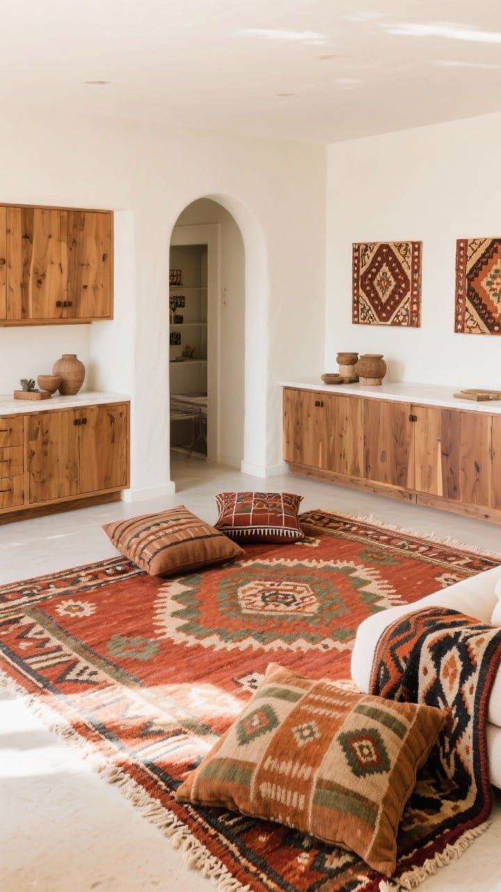 Wide room shot highlighting global-inspired patterns used thoughtfully: one hero pattern kilim rug in rust, terracotta, and sage anchoring the floor; smaller-scale mud cloth pillows and an ikat throw echoing the rug’s colors; neutral base (soft ivory walls, warm wood cabinetry) to let patterns shine; color repetition visible in three spots across the space; balanced midday light, corner angle capturing floor, seating, and textiles.
