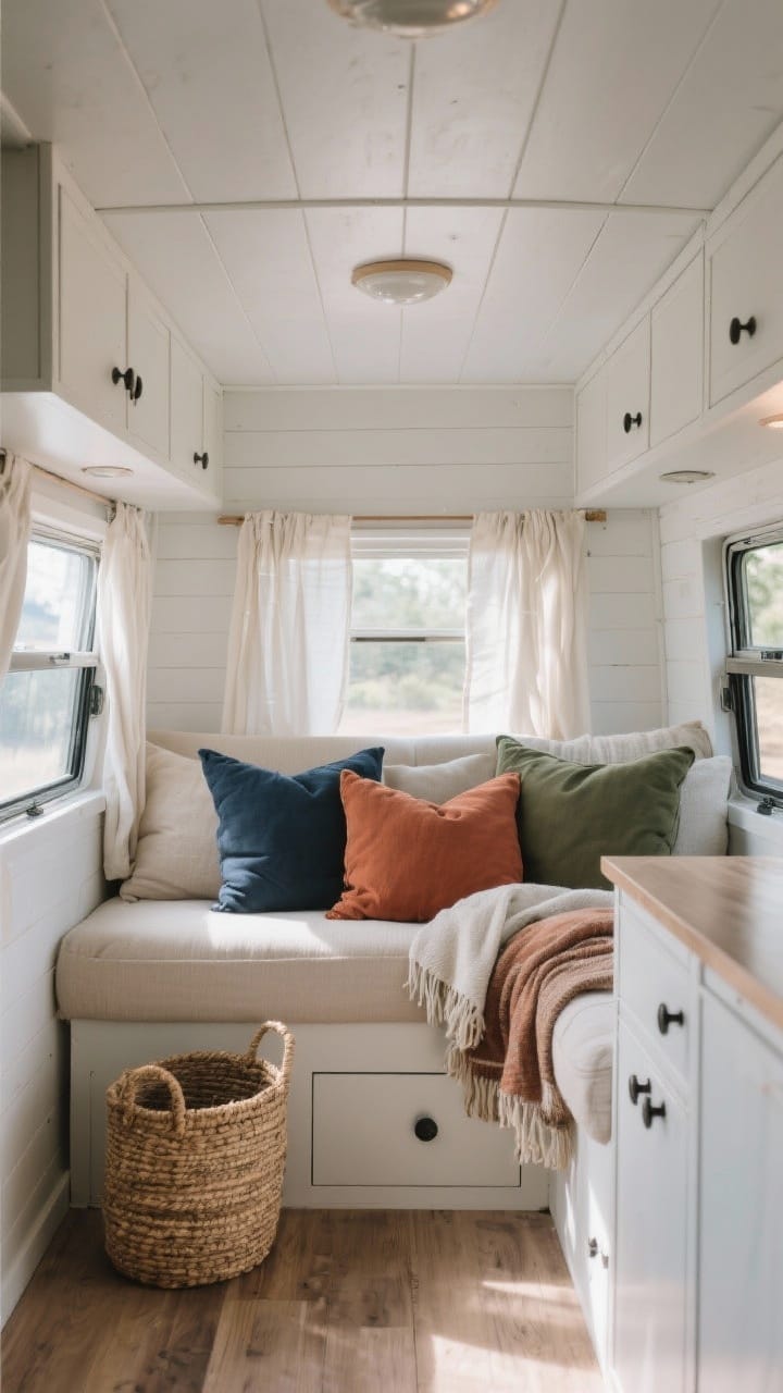 Wide shot: A small camper interior bathed in natural light with off-white eggshell walls and pale greige ceiling, sandy neutral upholstery, layered textures of matte cabinetry, linen curtains, and woven baskets; pops of navy, olive, and rust in pillows and throws; cohesive, airy palette with reflective light bouncing around; no people, photorealistic.