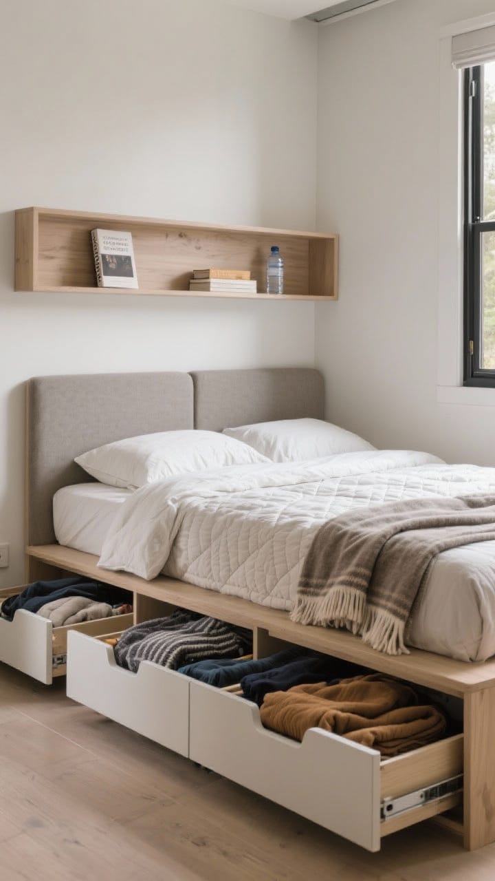 Wide shot, bed system: Camper bed with under-bed drawers pulled slightly open showing off-season clothes and blankets, a headboard with a shallow lipped shelf holding a book and water bottle, and tidy layered bedding: fitted sheet, quilt, and two folded throws; practical, soothing, easy to manage.