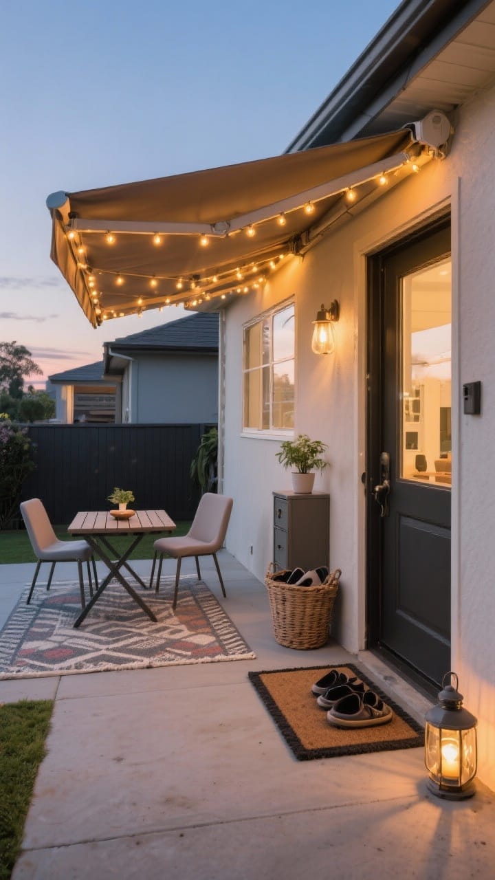 Wide shot from the entry showing a flexible outdoor-in zone: a retractable awning extended with warm string lights glowing outside, fold-flat chairs and a compact table set on a cute outdoor rug, a weatherproof mat outside the door paired with a washable runner just inside, and a slim shoe cabinet/basket by the entry to trap dirt. Add a small potted plant and lantern for a patio vibe, dusk lighting.