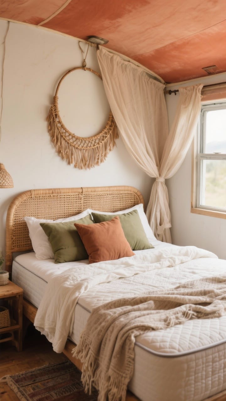 Wide shot of a boho camper bed styled for comfort: mattress topper elevating plushness, breathable linen or percale sheets in soft ivory, layered blankets (quilt + muslin + textured throw) in muted earth tones, Euro pillows stacked for back support, and either a rattan headboard mounted to the wall or a canopy hoop with gauzy fabric draping lightly; calm, dreamy palette in terracotta/rust/olive accents; gentle morning light from a side window.