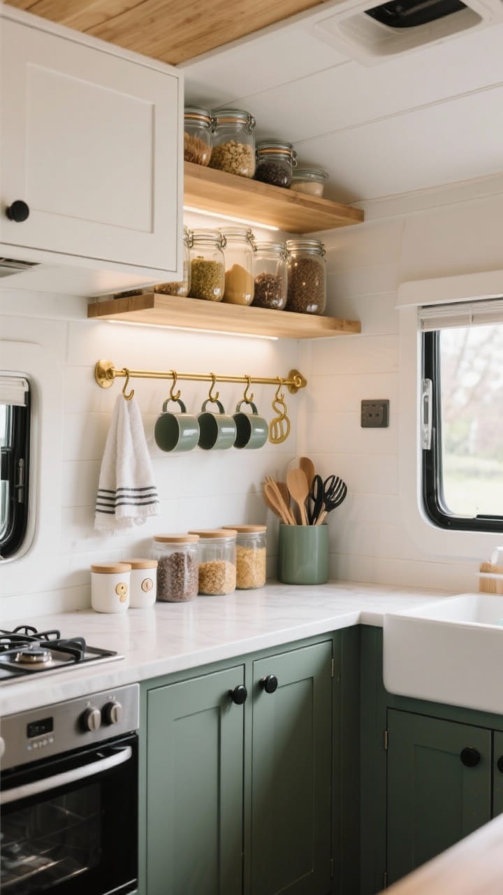 Wide shot of a micro camper kitchen with designer details: open shelving with decanted pantry staples in clear jars, matte brushed brass or matte black hardware on lower cabinets painted sage or slate, white/light uppers for contrast, a rail with S-hooks holding mugs, towels, and utensils, tidy counters with cute containers, airy and organized feel, photorealistic.