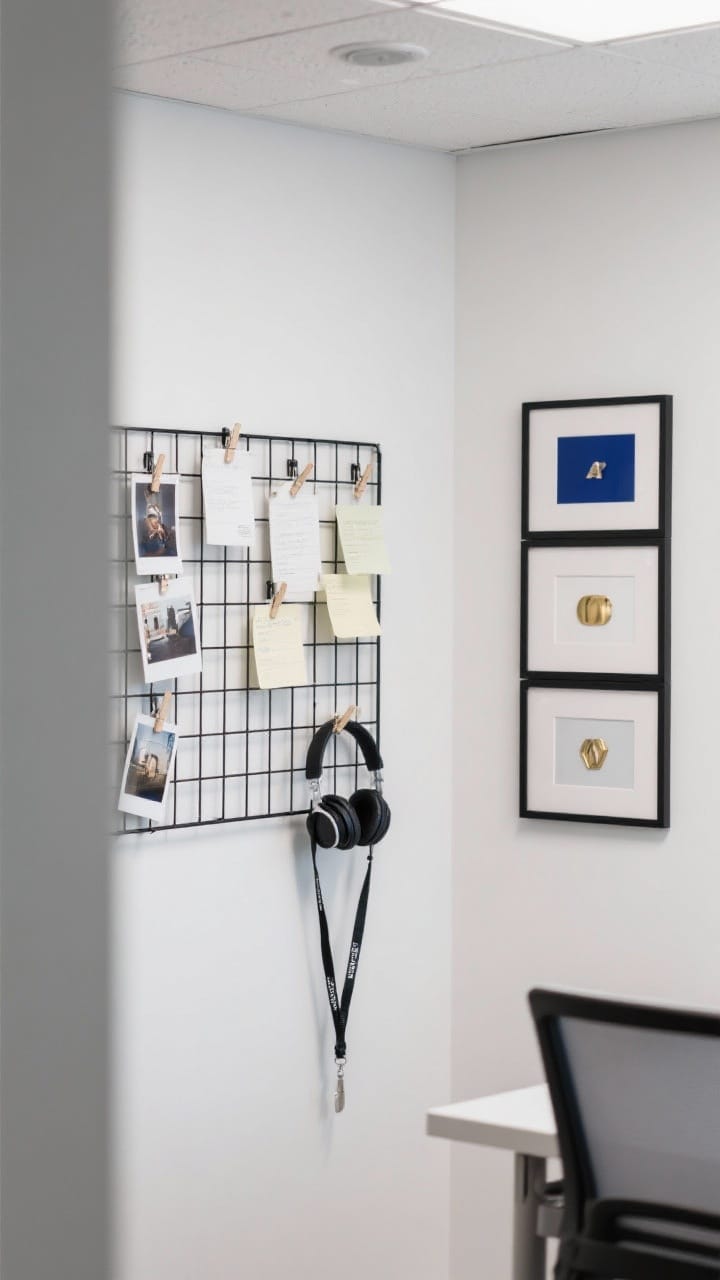 Wide shot of a small office wall upgrade: a black metal grid board mounted with clips holding notes and photos, next to a mini gallery of three framed prints in a navy, white, and brass-accent palette. Add removable hooks holding headphones and a lanyard for visual calm. Balanced half-practical, half-pretty arrangement, bright even lighting, clean corporate setting.