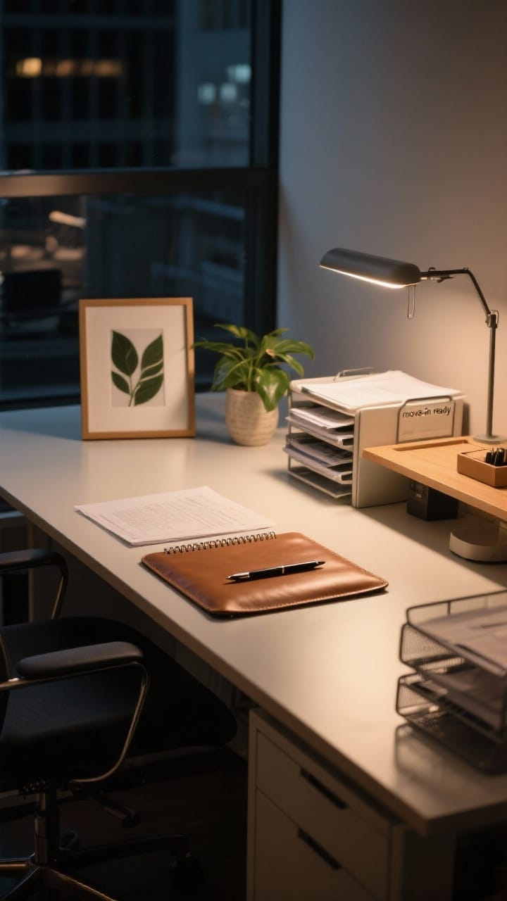 Wide shot of an office desk at night in “move-in ready” mode: cleared surfaces, paperwork filed in trays, freshly wiped desktop with a gentle sheen, and styling reset—photo frame straightened, plant leaves fluffed, notebook and pen aligned on a leather pad. Warm task lighting creates an inviting, ready-for-morning mood. No people present.