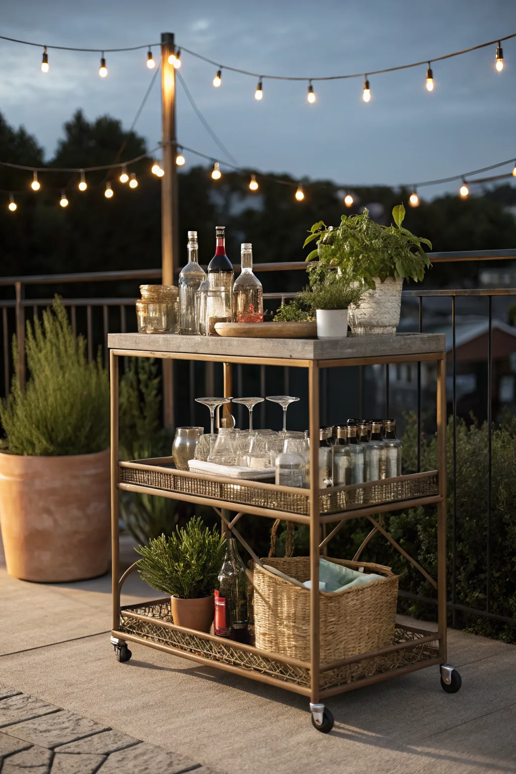 Rattan bar cart on patio with glassware