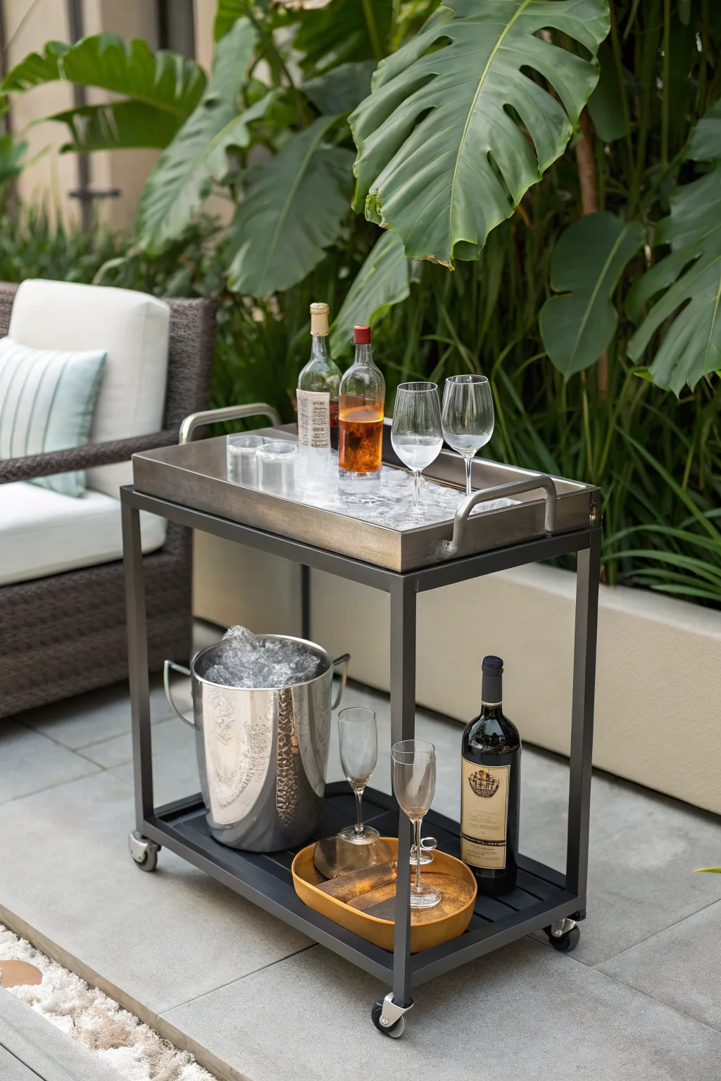 Slim outdoor bar cart with curated drink tray