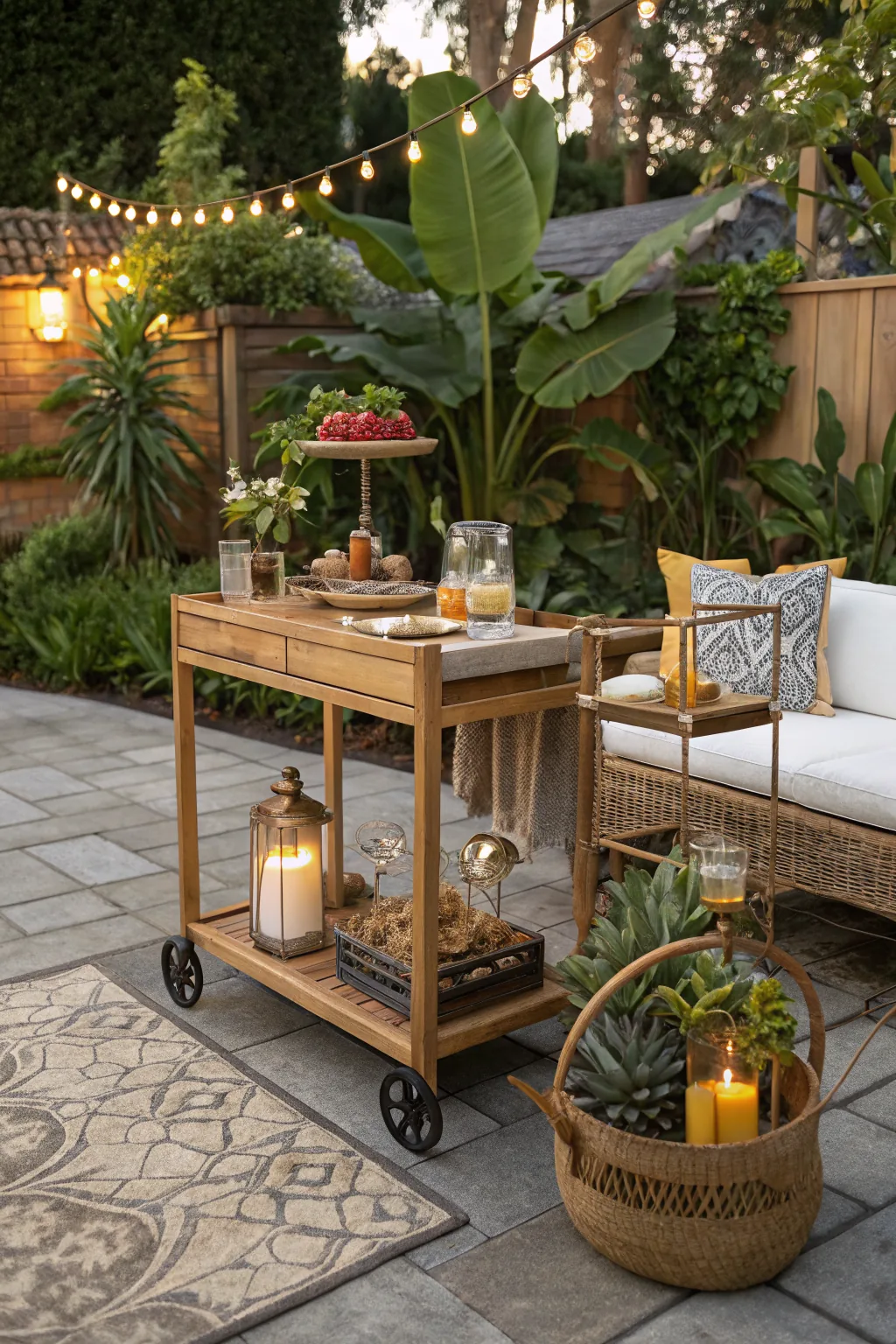 Chic patio entertaining corner with wooden bar cart