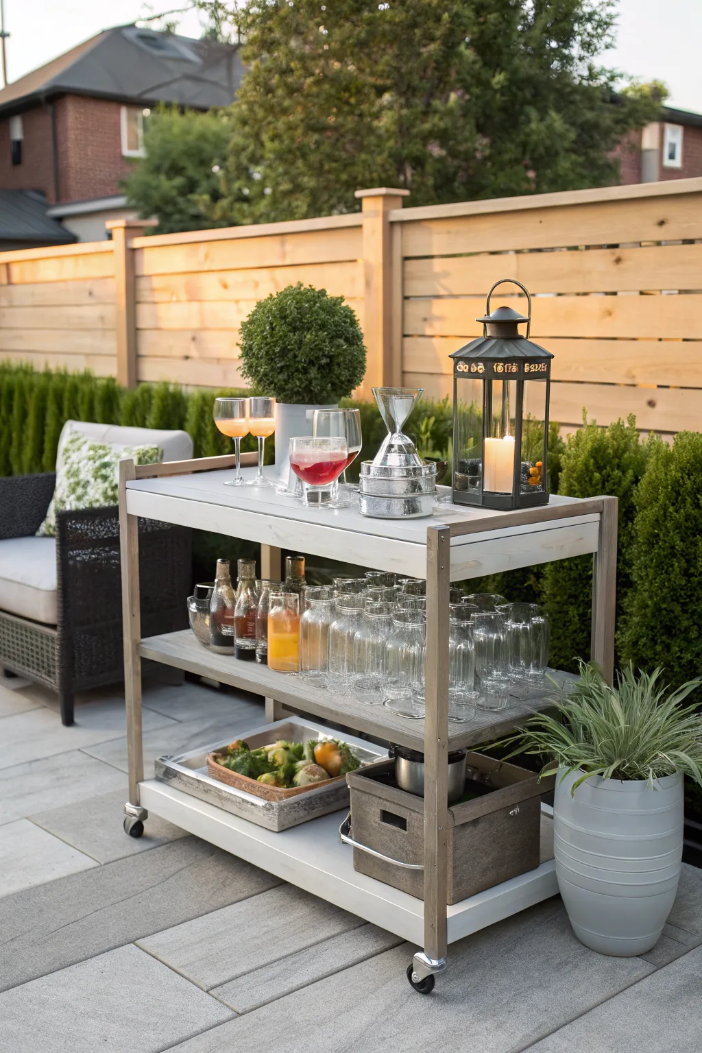 Outdoor party-ready bar cart fully stocked