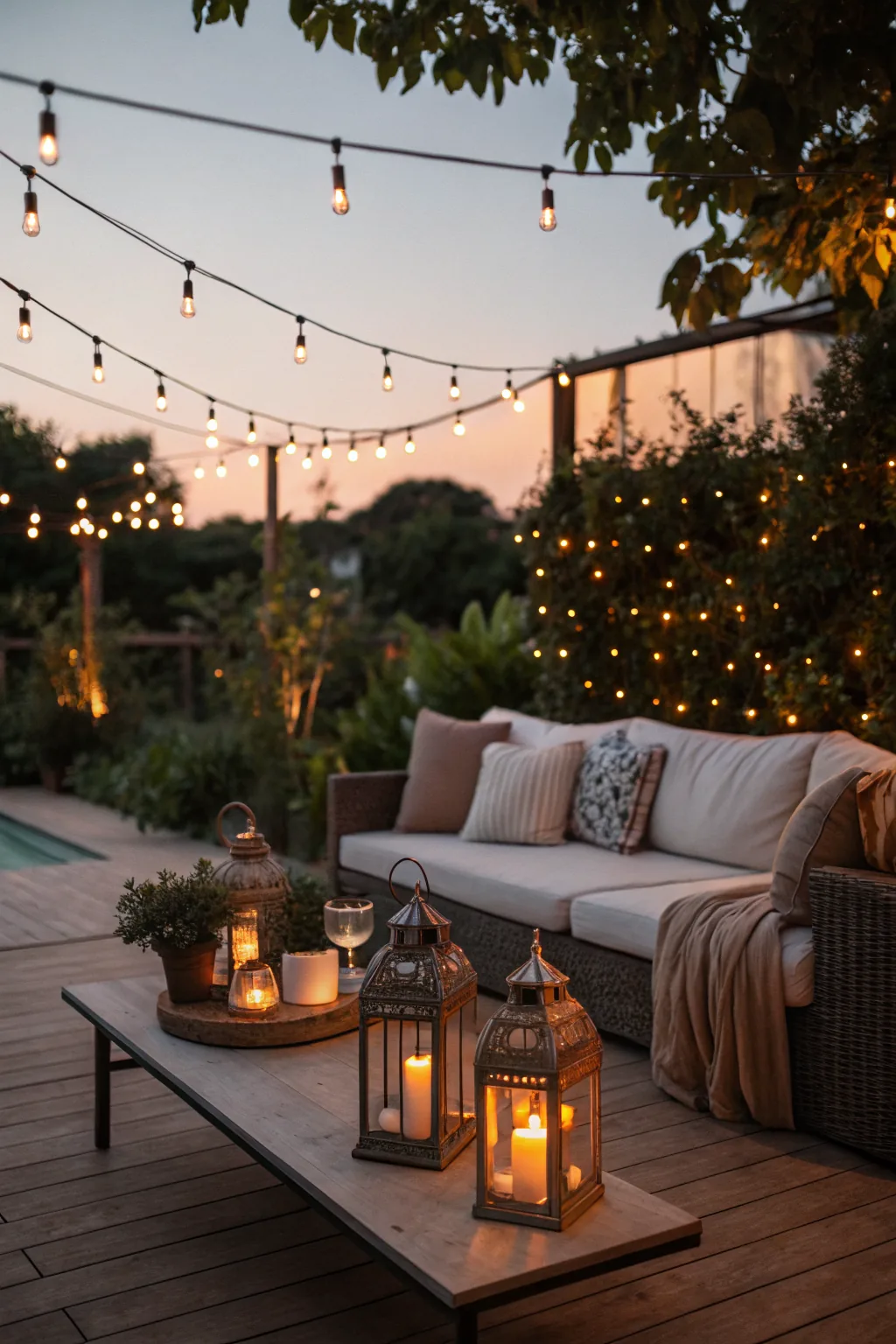 Twilight patio with layered string lights and lanterns