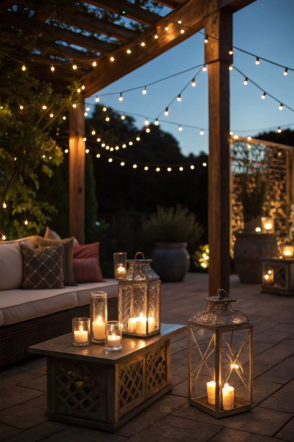 Atmospheric outdoor patio evening with candlelit lanterns