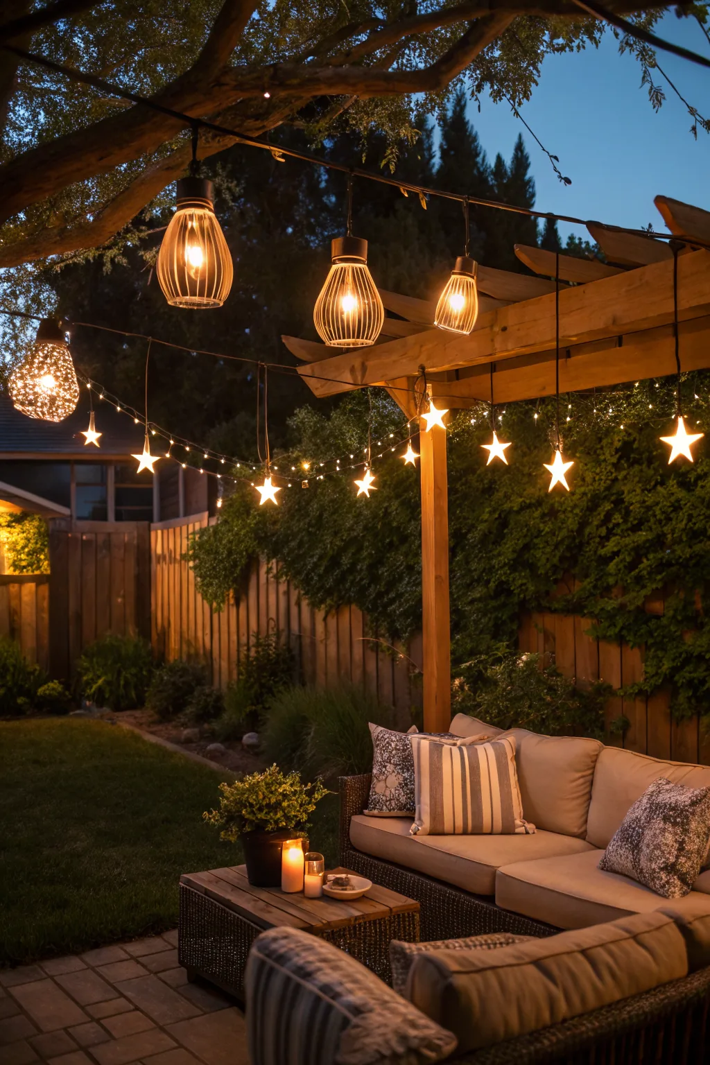 Cozy backyard string lights canopy at night