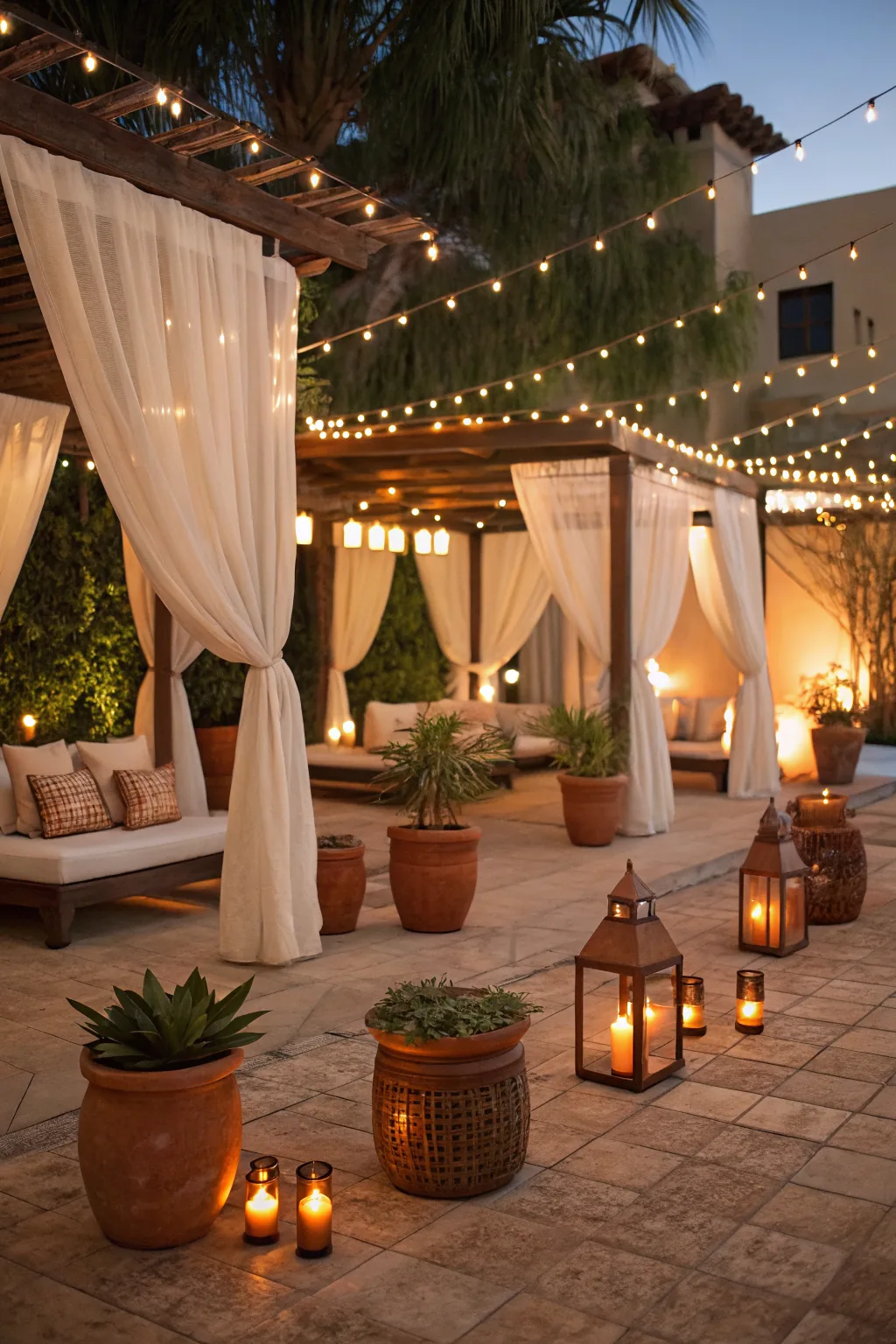 Intimate outdoor lounge with layered candle glow