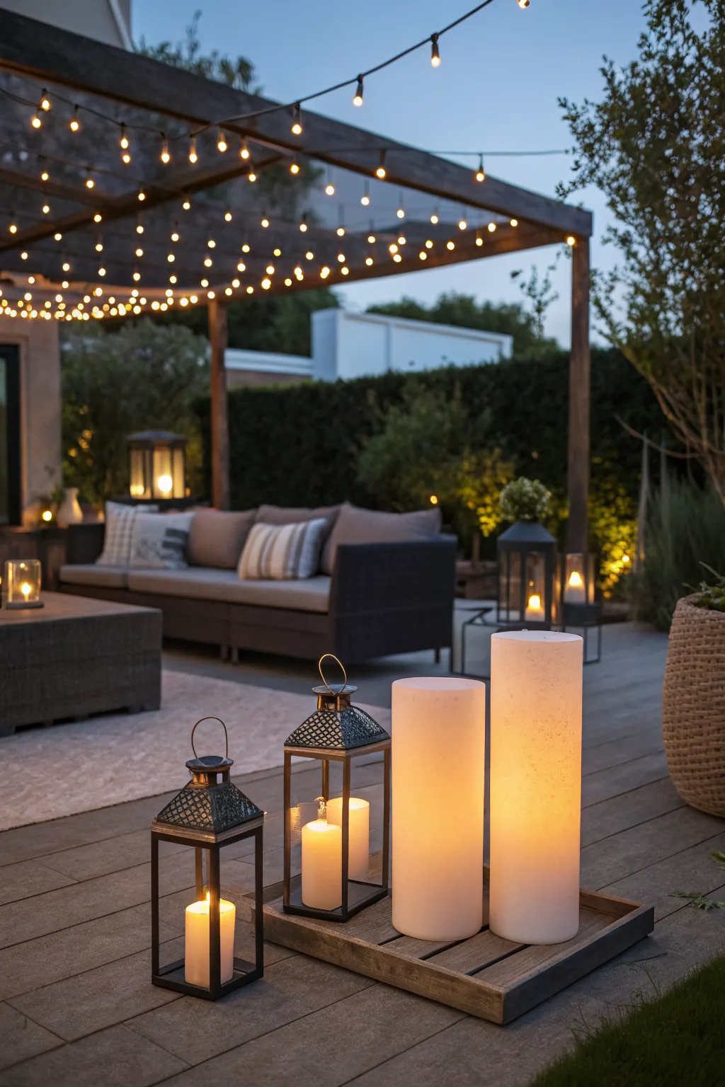 Modern patio at dusk with soft string light layers