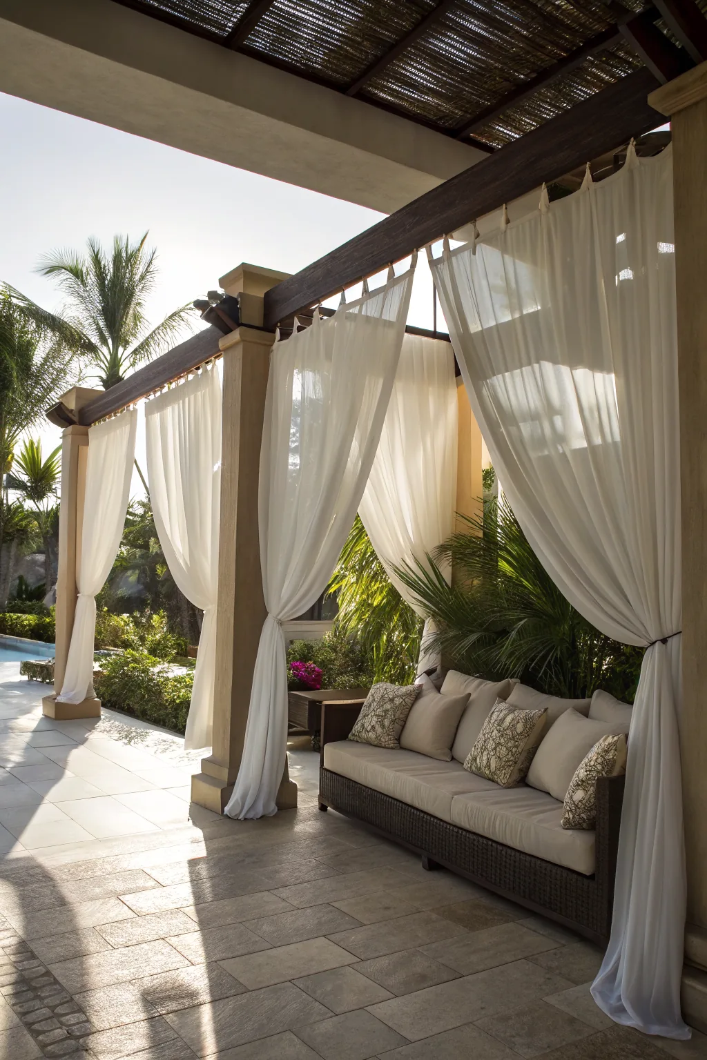 White linen outdoor curtains on resort patio